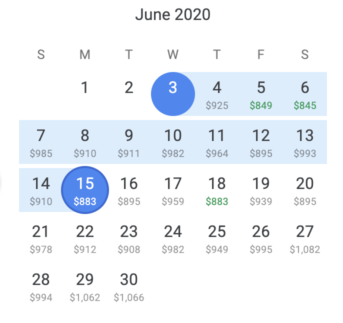 Flight calendar prices